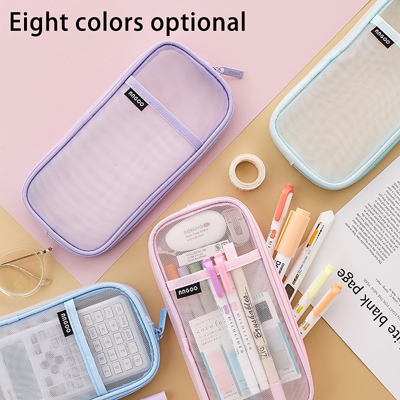 EASTHILL Grid Mesh Pen Pencil Case with Zipper Clear Makeup Color Pouch Cosmetics Bag Multi-Purpose Travel School Teen Girls Transparent Stationary Bag Office Organizer Box for Adluts(Pink)4