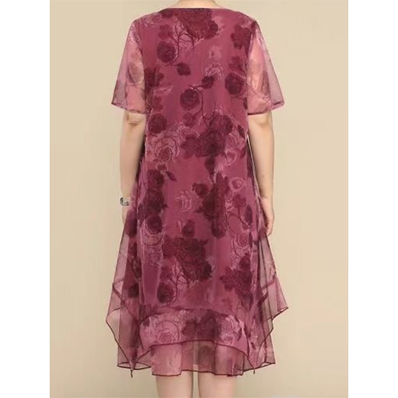 Women's Plus Size Party Dress Cocktail Dress Wedding Guest Dress Chiffon Mesh Layered Crew Neck Short Sleeve Floral Midi Dress Wedding Guest Cocktail Party Wine Blue Summer Spring4