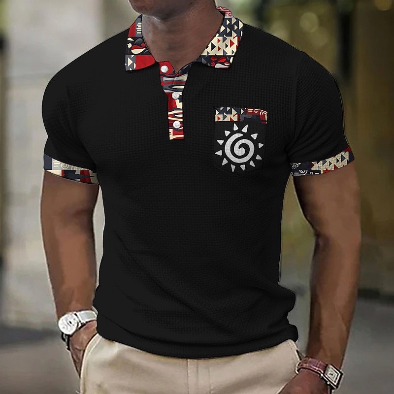 Men's Graphic Prints Vintage Totem Waffle Polo Shirts Polo Shirts Lapel Polo Button Up Polos Golf Shirt Short Sleeve Shirt Turndown Outdoor Street Black White Wine Blue Brown Print Clothing Apparel2