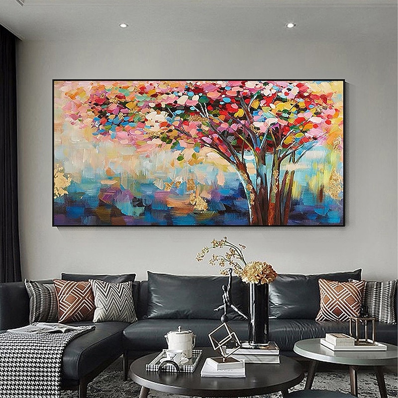 Handmade Oil Painting Canvas Wall Art Decor Original Colorful Colorful thick texture trees in full bloom for Home Decor With Stretched FrameWithout Inner Frame Painting2