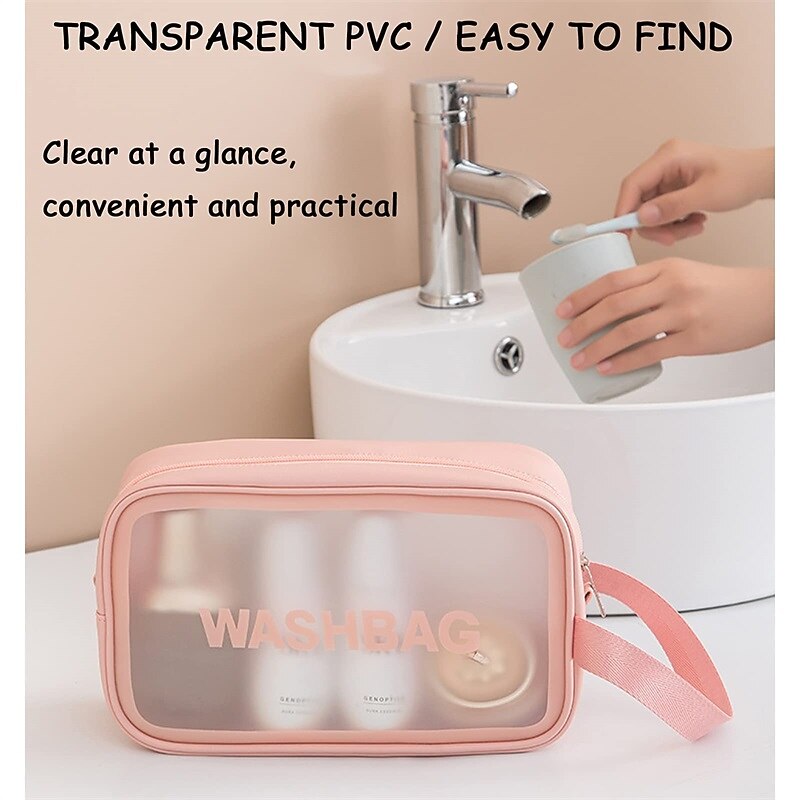 Pink Transparent Travel Wash Bag - Waterproof Makeup Organizer with Handle, Ideal for Toiletries and Cosmetic Storage3