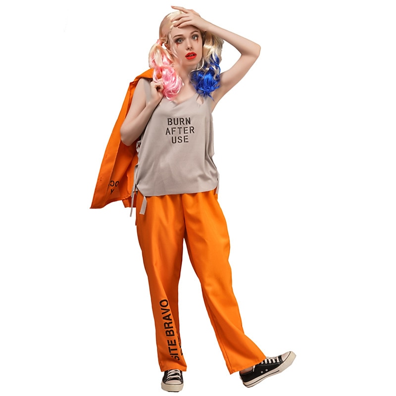 Couples Prisoner Harley Quinn Halloween Group Couples Costumes Men's Women's Movie Cosplay Cosplay Costumes Orange Top Pants Halloween Carnival Masquerade4