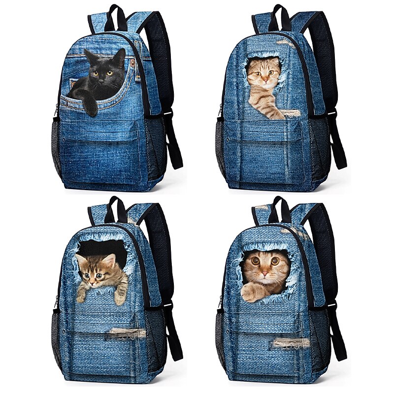 3D Cat Print Denim Backpack for Kids – Cute Animal School Bag with Large Capacity and Fun Design for Boys and Girls3