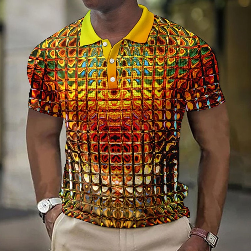 Men's Graphic Waffle Polo Shirts Golf Shirt Short Sleeve Polo Shirts Collared Shirts Casual Vacation Wear Rave Wear Party Outfits Buttons 3D Print Blue-Green Yellow Red