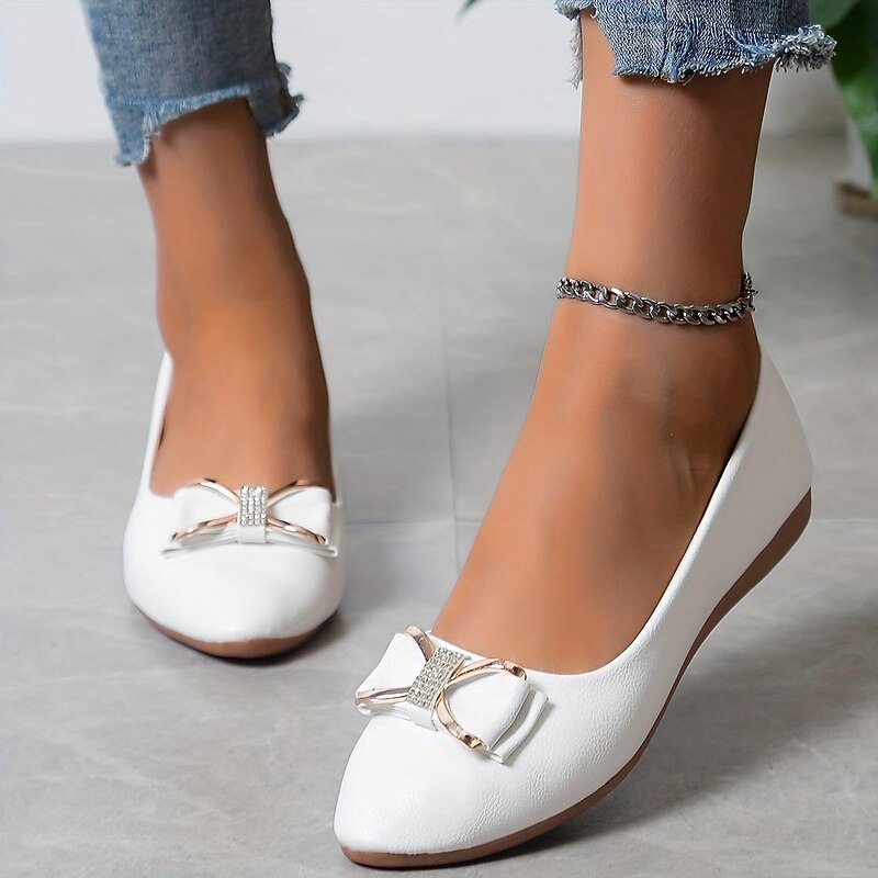 Women's White Pointed-Toe Ballet Flats with Bow and Metal Accent – Elegant Casual Shoes for Work, Parties, and Everyday Wear4