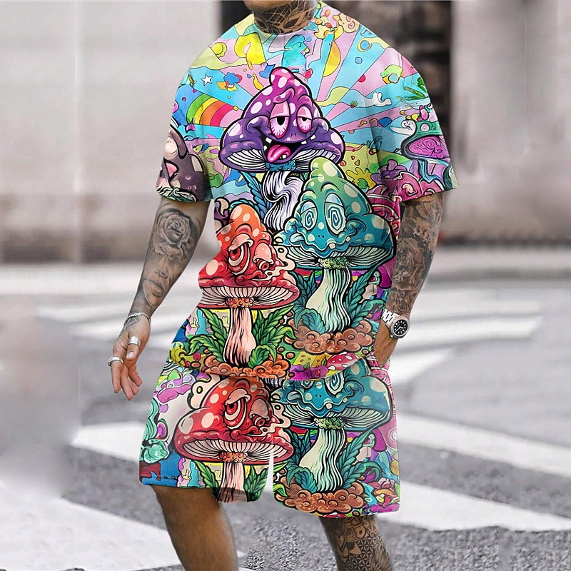 Men's Graphic Mushroom 2pcs Tees sets Short Sleeve Short Pants Crew Neck Designer Casual Comfortable Outdoor Vacation Daily 3D Print Spring & Summer Pink Red Blue