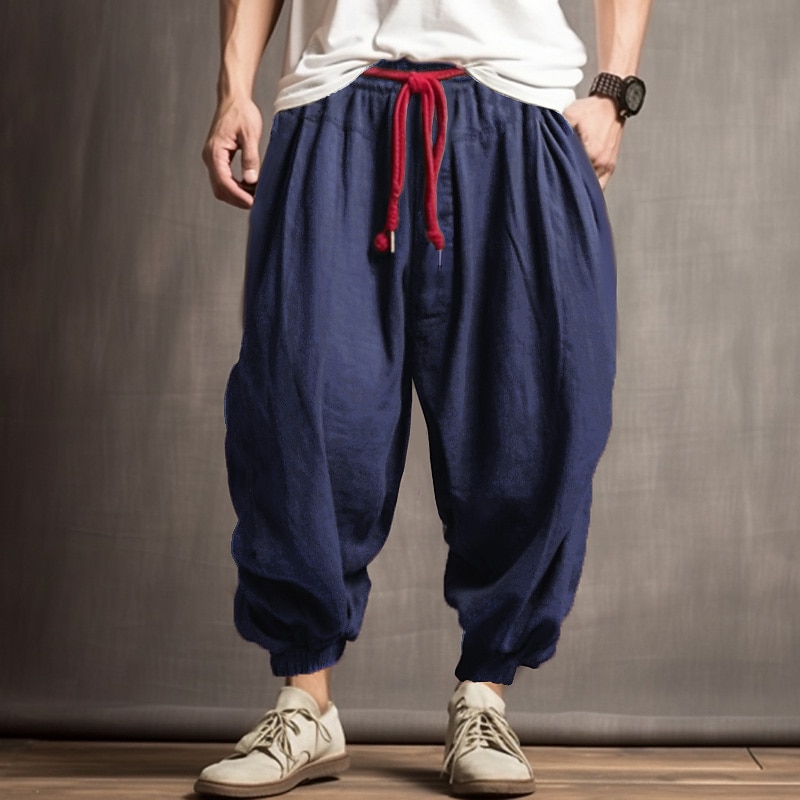 Men's Linen Pants Trousers Summer Pants Bloomers Drawstring Elastic Waist Drop Crotch Plain Comfort Soft Outdoor Daily Going out Fashion Casual Army Green Navy Blue2