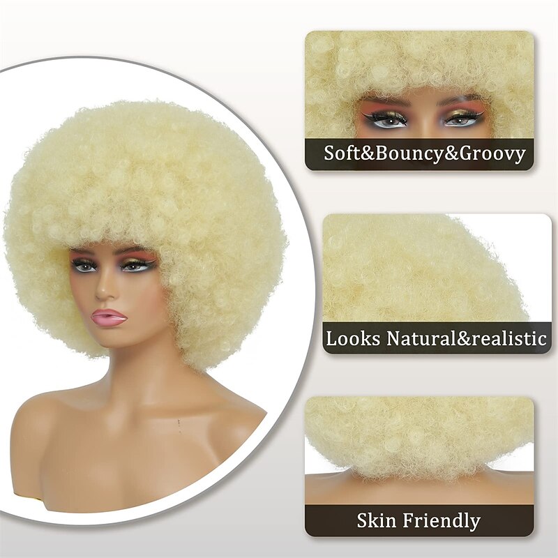Afro Wig - 70s Blonde Afro Wig For Women Soft Afro Kinky Curly Hair Wigs With Bangs Natural Looking Men Bouncy Blonde Afro Puff Wig Synthetic Hair Big Afro Wig Halloween Cosplay Party Wigs4