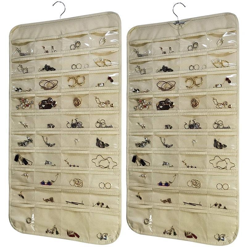 Hanging Jewelry Organizer Storage With Pocket Double Sided 80Grids Necklace Bracelet Earring Jewelry Display Organizer3