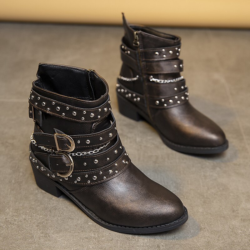 Women's Black Studded Ankle Boots with Multiple Buckle Straps - Edgy Design for Casual and Night Out Looks4