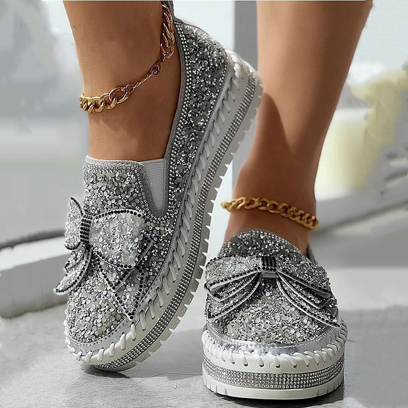 Women's Sparkly Rhinestone Slip-On Sneakers – Glitter Bow Platform Loafers for Party, Casual & Streetwear Fashion