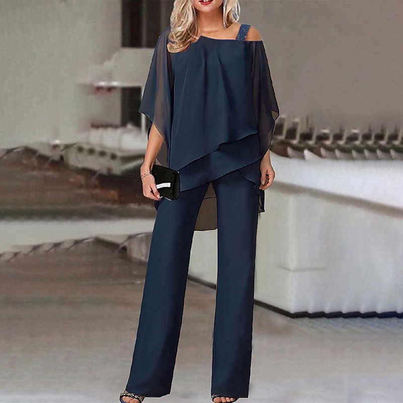 Women's Streetwear Daily Shirt Pants Sets Wide Leg Pants Trousers Jumpsuit Short Sleeve One Shoulder Solid Color Casual Daily White Dark Navy Blue Fall & Winter Regular Fit2