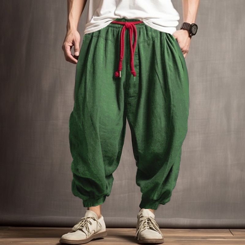 Men's Linen Pants Trousers Summer Pants Bloomers Drawstring Elastic Waist Drop Crotch Plain Comfort Soft Outdoor Daily Going out Fashion Casual Army Green Navy Blue