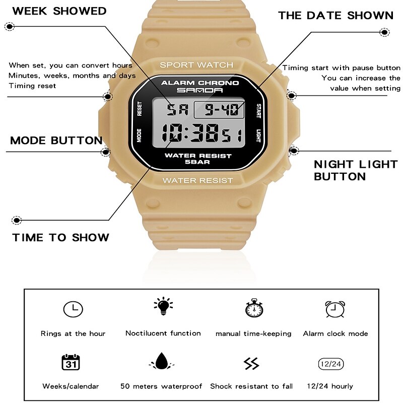 SANDA Digital Watch Men Women 50M Waterproof Sports Watches Male Ladies Clock Electronic Square Watch2