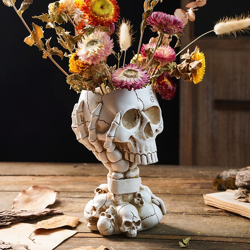 Halloween Skeleton Skull Head Flower Pot Nordic Modern Home Decoration Personalized Damaged Old Shackles Skull Head Resin Crafts Halloween Ghost Head Bone Gift Scene Decoration Photography Props 1PC2