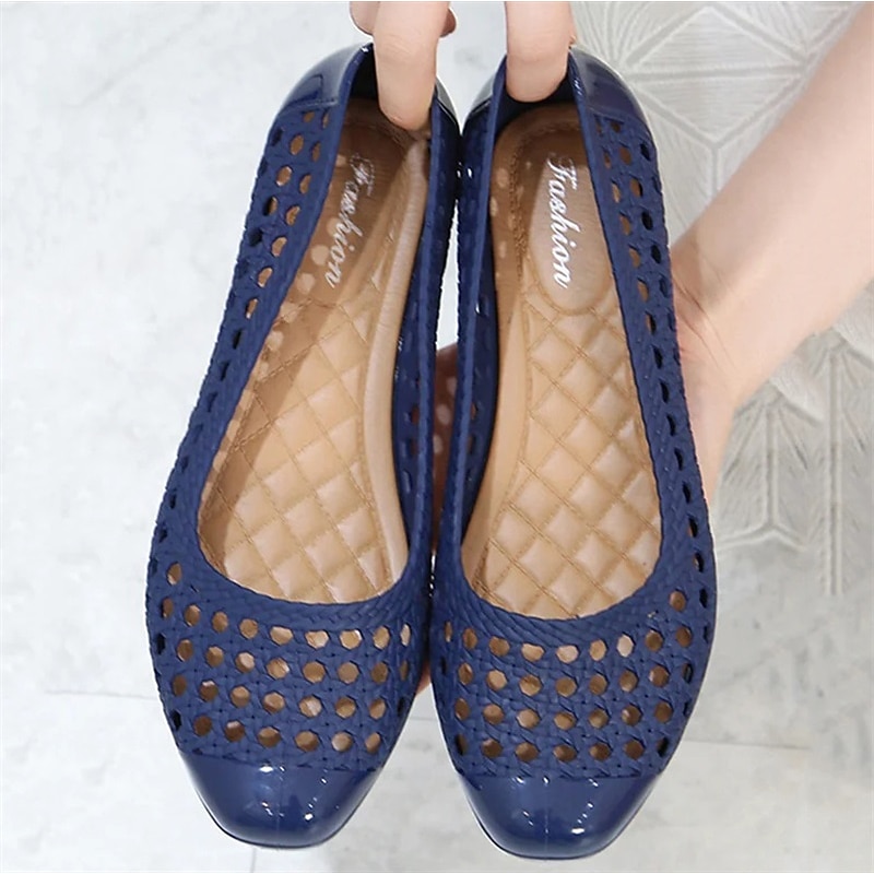 Women's Navy Blue Hollow Slip-On Flats – Lightweight Breathable Jelly Shoes with Cushioned Insole for Summer Casual Wear and Beach Walks3