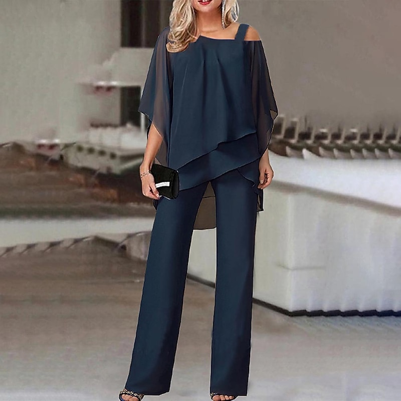 Women's Streetwear Daily Shirt Pants Sets Wide Leg Pants Trousers Jumpsuit Short Sleeve One Shoulder Solid Color Casual Daily White Dark Navy Blue Fall & Winter Regular Fit