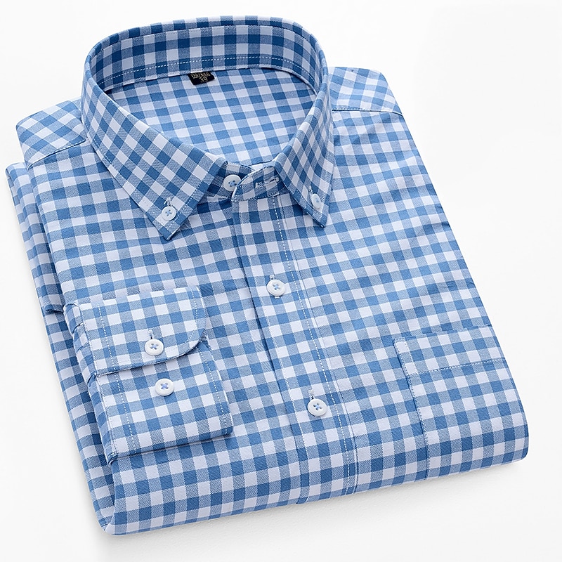 Men's Dress Shirt Button Down Shirt Non Iron Shirt Oxford Shirt Plaid / Striped / Chevron / Round Wedding Office & Career Light Yellow Light Pink Light Blue Light Green Long Sleeve Shirt Collar All3