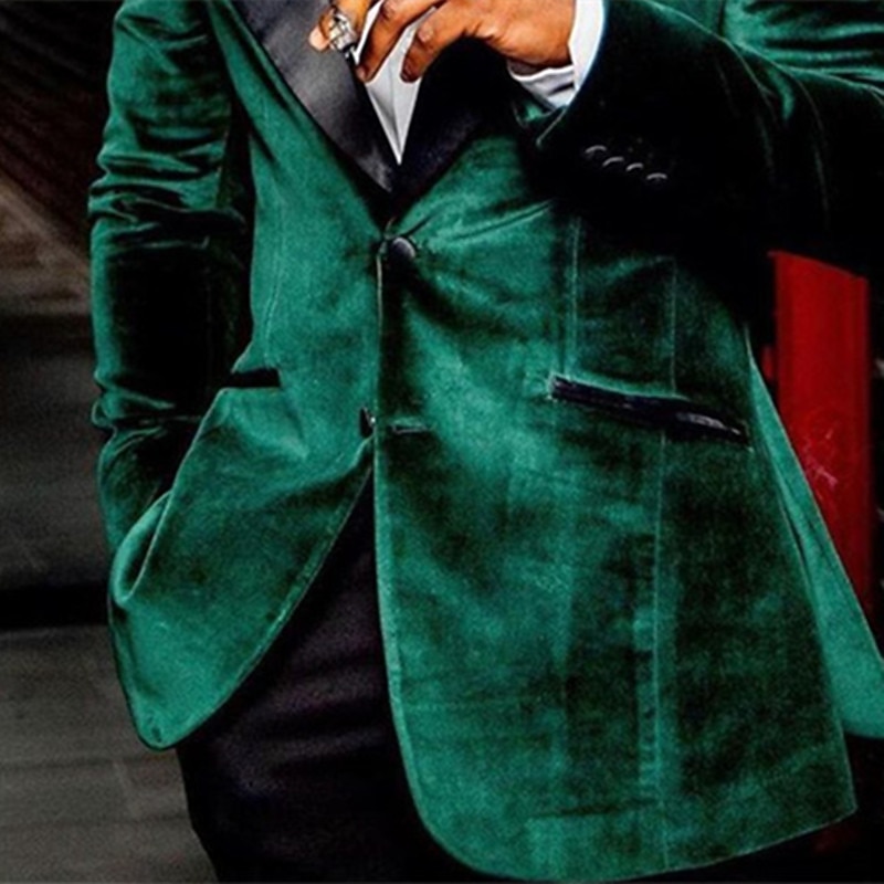 Men's Blazer Jacket Tuxedo Closure collar Fashion Casual Velvet Solid Colored Green Tailored Fit Single Breasted Two-buttons4