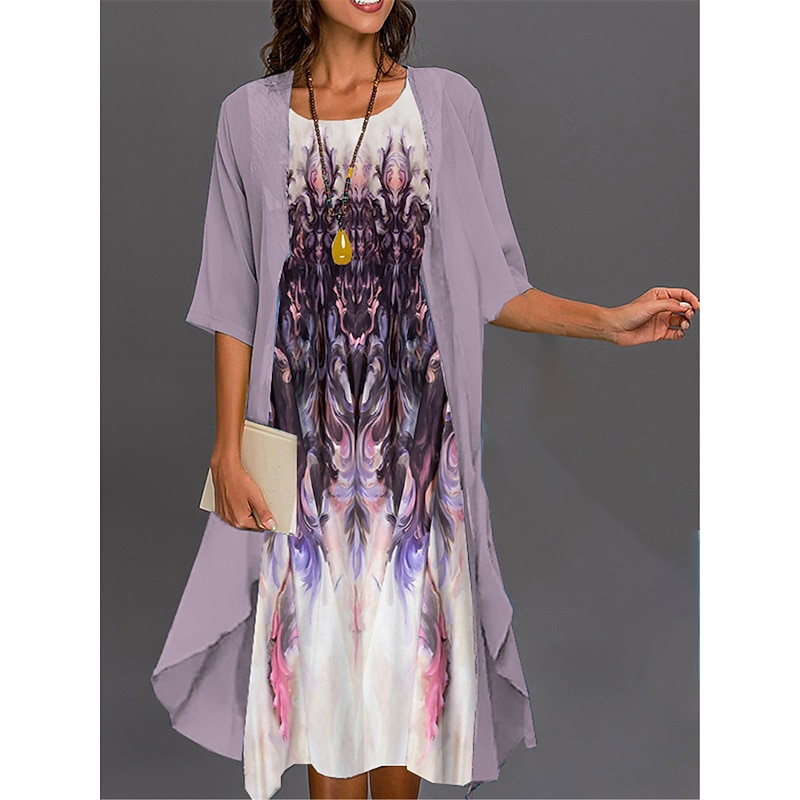 Women's Graduation Dress Midi Dress Two Piece Dress Set Casual Dress Print Dress Elegant Fashion Ombre Floral Print 3/4 Length Sleeve Crew Neck Outdoor Daily Pink Dark Pink Blue Summer Spring4