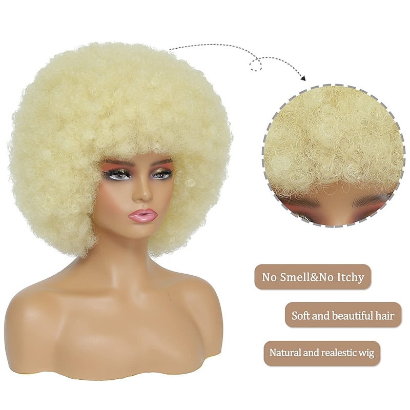 Afro Wig - 70s Blonde Afro Wig For Women Soft Afro Kinky Curly Hair Wigs With Bangs Natural Looking Men Bouncy Blonde Afro Puff Wig Synthetic Hair Big Afro Wig Halloween Cosplay Party Wigs3