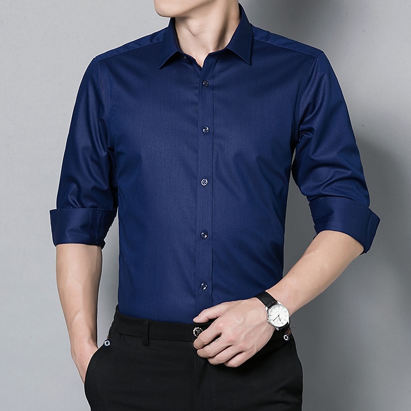 Men's Work Shirt Non Iron Shirt Solid / Plain Color Wedding Office & Career Light Blue Black White Dark Navy Long Sleeve Turndown All Seasons Clothing Apparel3