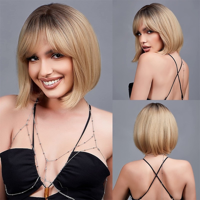 Blonde Bob Wig with Bangs 13 Short Bob Wigs for Women Short Blonde Wig with Dark Roots Heat Resistant Synthetic Wig Natural Looking for Daily Use Party and Cosplay