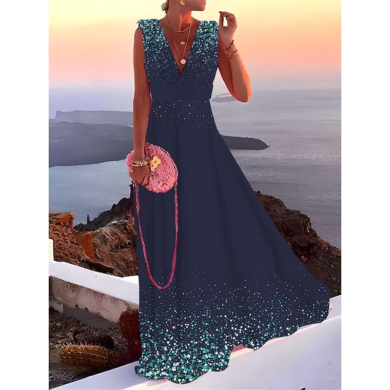 Women's Long Dress Maxi Dress Prom Dress Party Dress Wedding Guest Dress Swing Dress Fashion Party Mature Vacation Wedding Guest Special Occasion Regular Fit Ombre Sleeveless Deep V Silver Yellow4