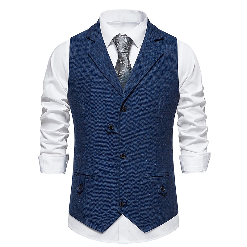 Men's Vest Waistcoat Business Evening Party Valentine's Day Vintage Fashion Spring &  Fall Button Polyester Comfortable Plain Single Breasted Lapel Regular Fit Blue Dark Gray Brown Vest4