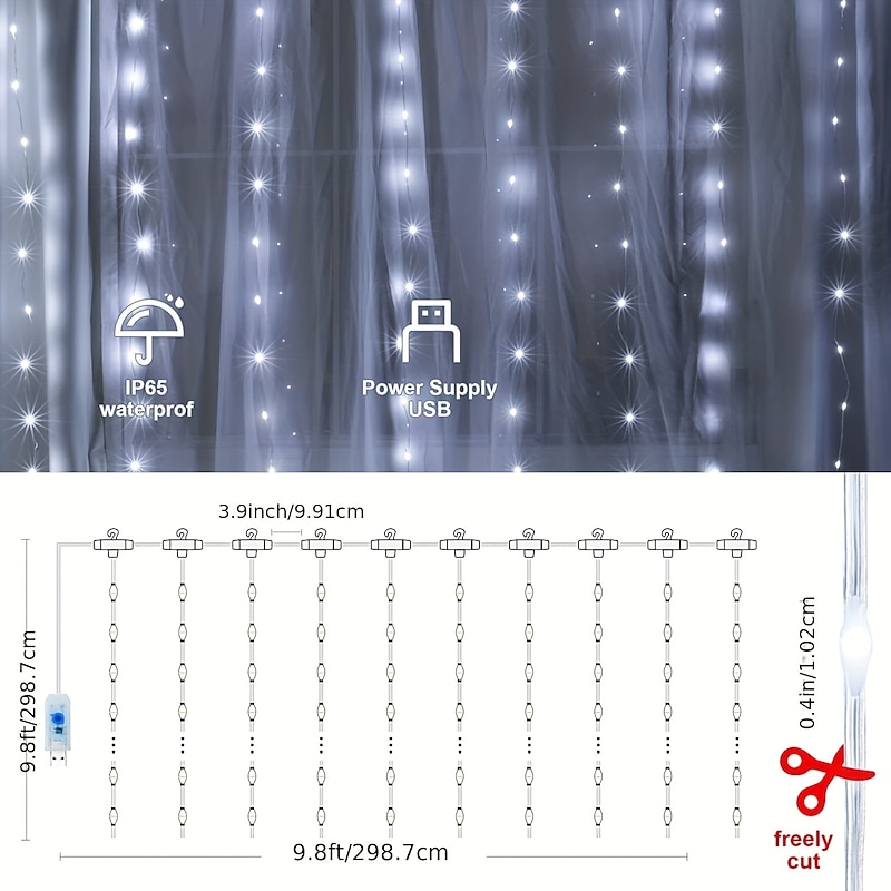 1pc Curtain Lights 300 LED Curtain Fairy Lights with Remote 8 Modes 9.8  9.8 Ft Curtain String Lights Waterproof USB Plug In Copper Wire Lights For Bedroom Window Chrismas Wedding Party3
