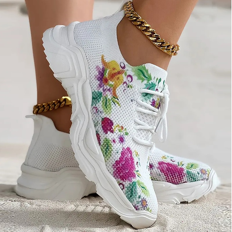 Women's Floral Print Breathable Knit Sneakers – Lightweight Lace-Up Athletic Shoes for Casual Wear3