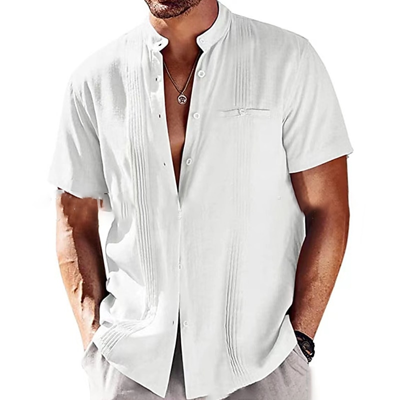 Men's Linen Shirt Cotton Linen Shirt Chinese Collar Shirt Mandarin Collar Shirt Summer Shirt Beach Shirt Plain Vacation Hawaiian Black White Blue Dark Blue Short Sleeve Grandad Collar Spring & Summer