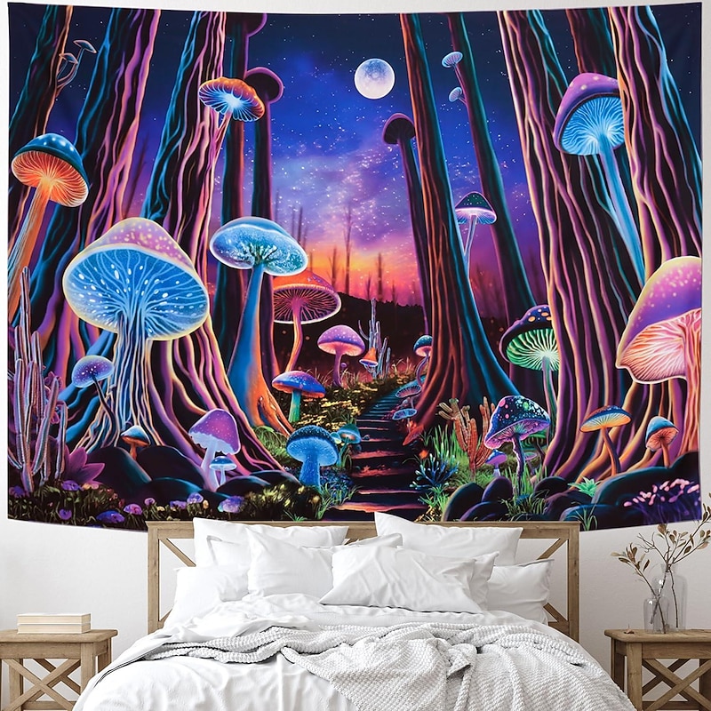 Mushroom Fantasy Blacklight Tapestry UV Reactive Glow in the Dark Glow Party Trippy Misty Nature Landscape Hanging Tapestry Wall Art Mural for Living Room Bedroom3