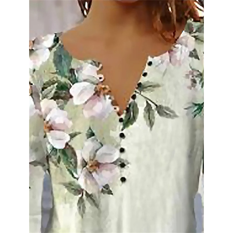 Women's T Shirt Daily Basic Floral Print 3/4 Length Sleeve Regular Tops Round Neck Casual Holiday Green Fall & Winter3