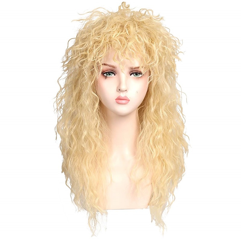 Color Ground Long Curly 80s Rocker Mullet Cosplay Wig for Women (Only Wigs) Halloween Wigs