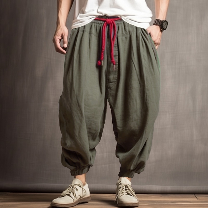 Men's Linen Pants Trousers Summer Pants Bloomers Drawstring Elastic Waist Drop Crotch Plain Comfort Soft Outdoor Daily Going out Fashion Casual Army Green Navy Blue3