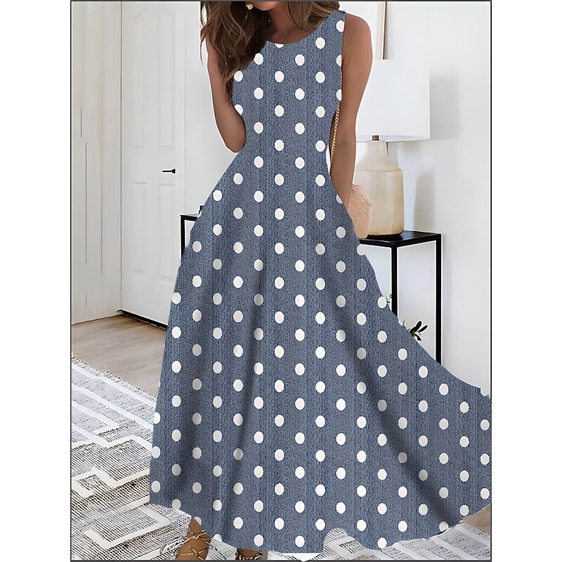 Women's Print Vintage Dress Long Dress Maxi Dress Elegant Polka Dot Crew Neck Sleeveless Daily Date Summer Spring Blue Dark Green
