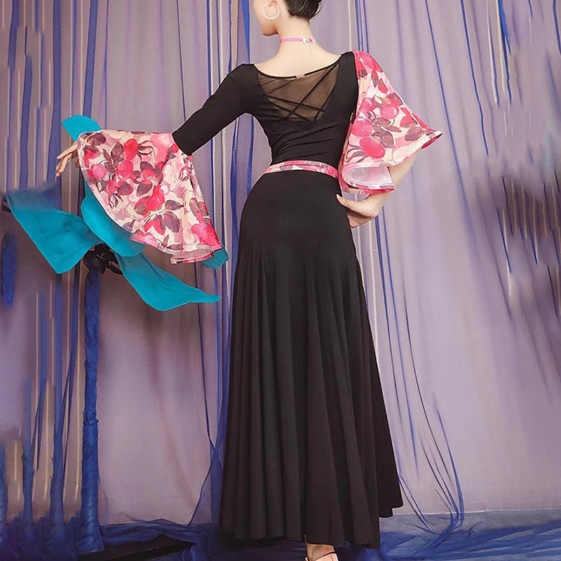 Ballroom Dance Dress Printing Pleats Splicing Women's Performance Party Long Sleeve Polyester Mesh3