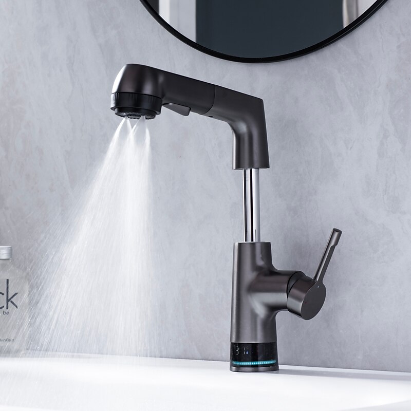 Bathroom Faucet LCD Digital Display Sink Mixer Basin Taps with Pull out Sprayer, Single Handle Liftable Spout Head 3 Mode, Brass Vessel Tap Washroom2