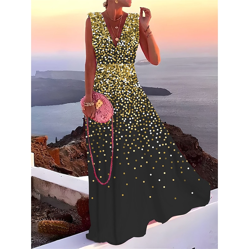 Women's Long Dress Maxi Dress Prom Dress Party Dress Wedding Guest Dress Swing Dress Fashion Party Mature Vacation Wedding Guest Special Occasion Regular Fit Ombre Sleeveless Deep V Silver Yellow3