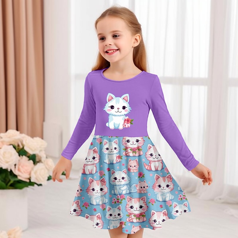Girls' 3D Graphic Cartoon Cat Dress Long Sleeve 3D Print Summer Spring Fall Vacation Sports & Outdoor Daily Cute Casual Beautiful Kids 3-12 Years Casual Dress A Line Dress Above Knee Regular Fit3