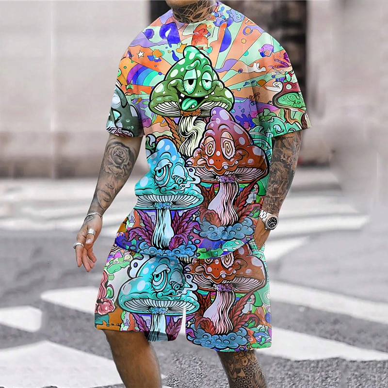 Men's Graphic Mushroom 2pcs Tees sets Short Sleeve Short Pants Crew Neck Designer Casual Comfortable Outdoor Vacation Daily 3D Print Spring & Summer Pink Red Blue3