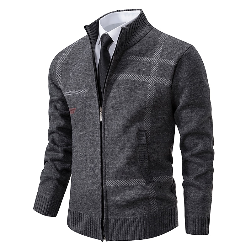 Men's Sweater Cardigan Sweater Dress Sweater Ribbed Knit Regular Knitted Stand Collar Warm Ups Modern Contemporary Daily Wear Going out Clothing Apparel Fall & Winter Light Grey Dark Grey S M L