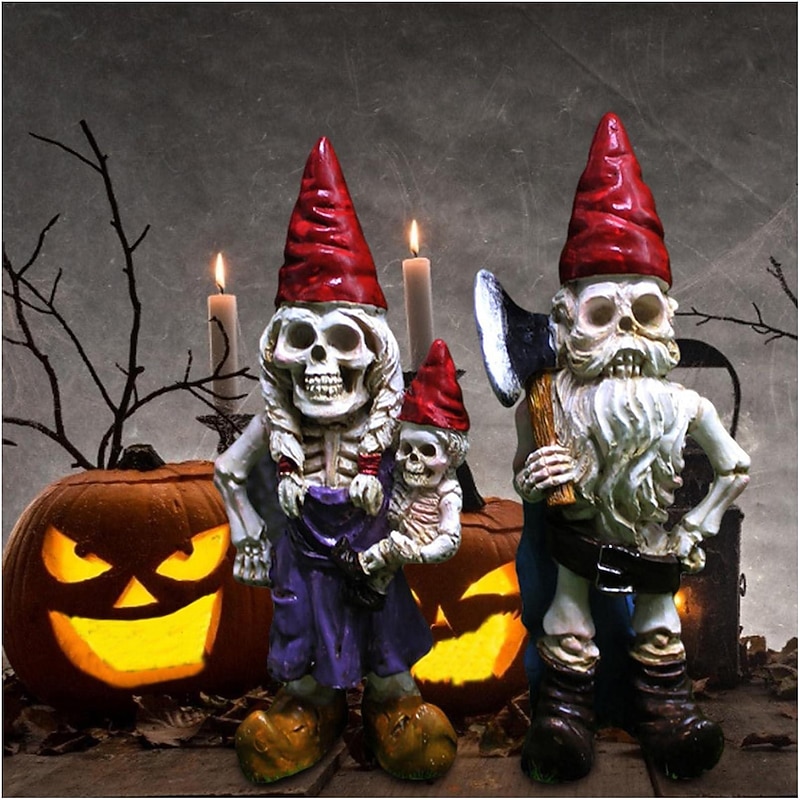 2pcs Halloween Skeleton Gnomes Resin Zombie Gnome Statues Skeleton Dwarf Ornament Horror Skull Elf Dwarf Figurines for Lawn Front Porch Halloween Decorations Table Decor