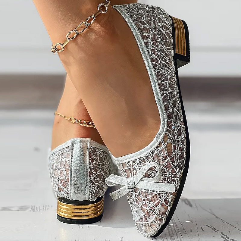 Women's Flats Plus Size Sparkly Sandals Comfort Shoes Outdoor Daily Solid Color Summer Bowknot Lace Chunky Heel Pointed Toe Elegant Casual PU Loafer Silver Gold2