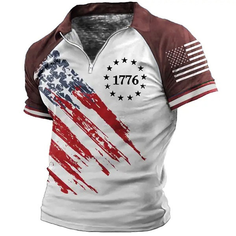 Men's Graphic Prints American Flag Veterans Patriotic Polo Shirts Zip Polo Golf Shirt Short Sleeves Shirt Turndown Outdoor Street Black Wine Blue Brown Zipper Print Clothing Apparel Fashion Designer3