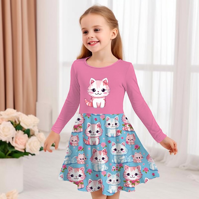 Girls' 3D Graphic Cartoon Cat Dress Long Sleeve 3D Print Summer Spring Fall Vacation Sports & Outdoor Daily Cute Casual Beautiful Kids 3-12 Years Casual Dress A Line Dress Above Knee Regular Fit2