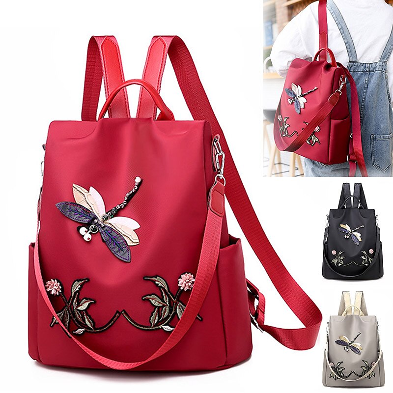 Women's Commuter Backpack Oxford Cloth Daily Embroidery Zipper Large Capacity Animal Flower Wine Black khaki