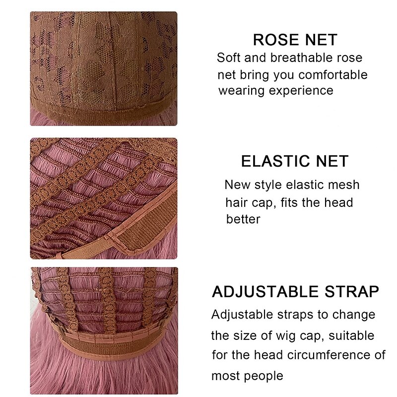 Pink Wig with Air Bangs12 Inches Short Pastel Curly Wavy Heat Resistant Synthetic Women's Bob WigCosplay Party Shoulder Length Wigs for Girls Daily Use Natural Looking Curly Colored Wig Halloween Wigs4