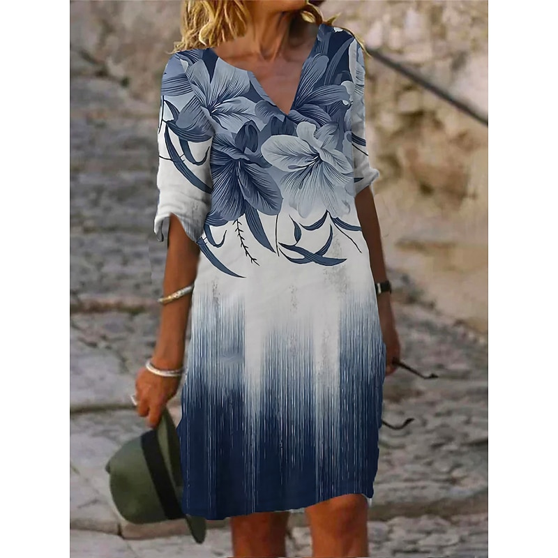 Women's Mini Dress Petite Dress T Shirt Dress Tee Dress Shift Dress Summer Dress Active Fashion Streetwear Outdoor Vacation Work Regular Fit Floral Half Sleeve Split Neck Navy Blue Blue3